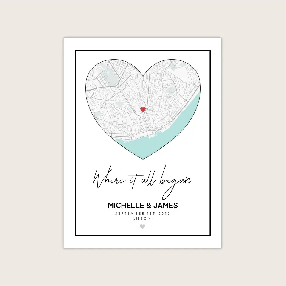 City map heart shaped personalized with names and phrase