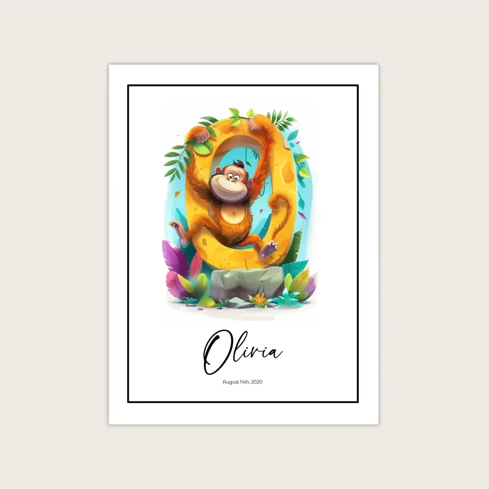 Poster featuring a Letter O illustrated with an orangutan and the name Olivia
