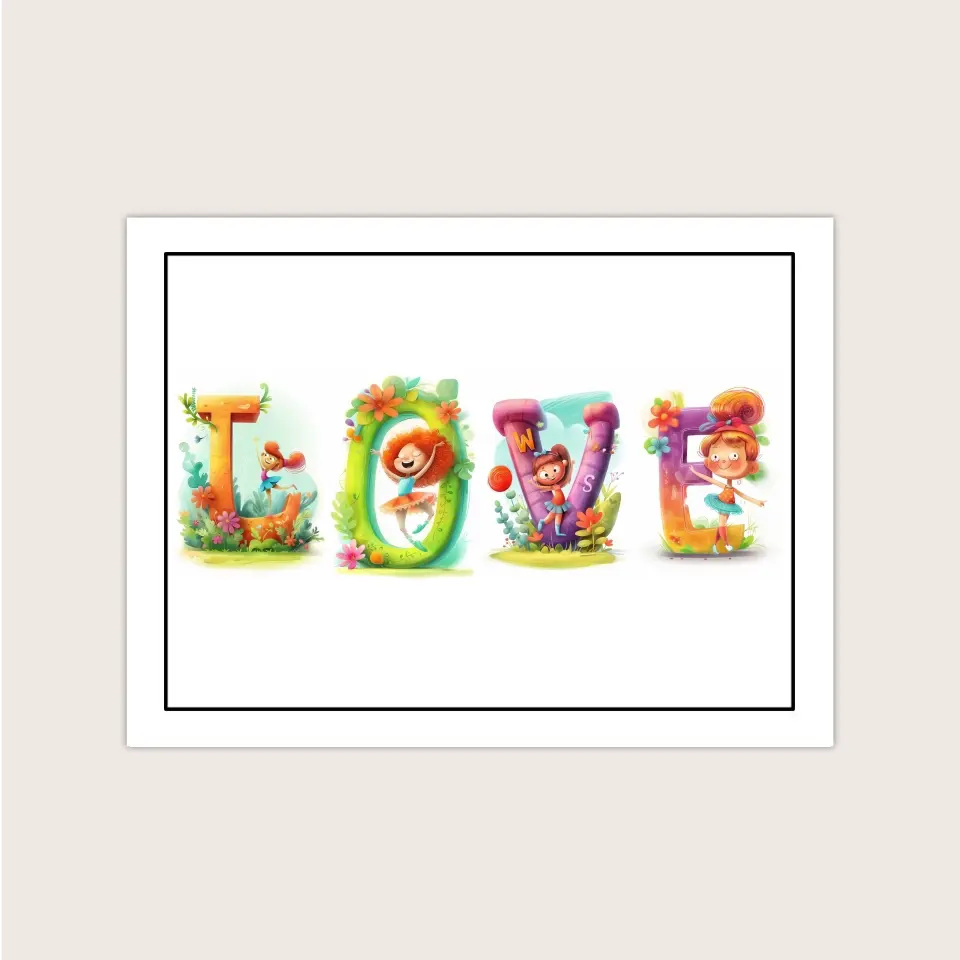 Poster featuring the word "LOVE" with each letter illustrated with ballerinas