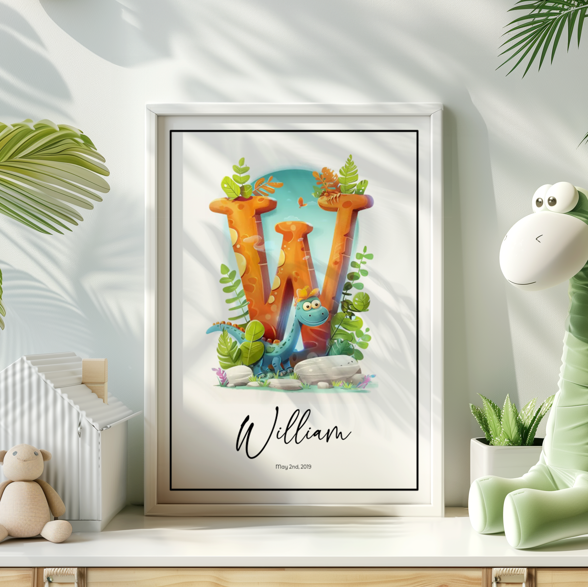 Poster featuring a W letter illustrated with dinosaur,  name William and birthday
