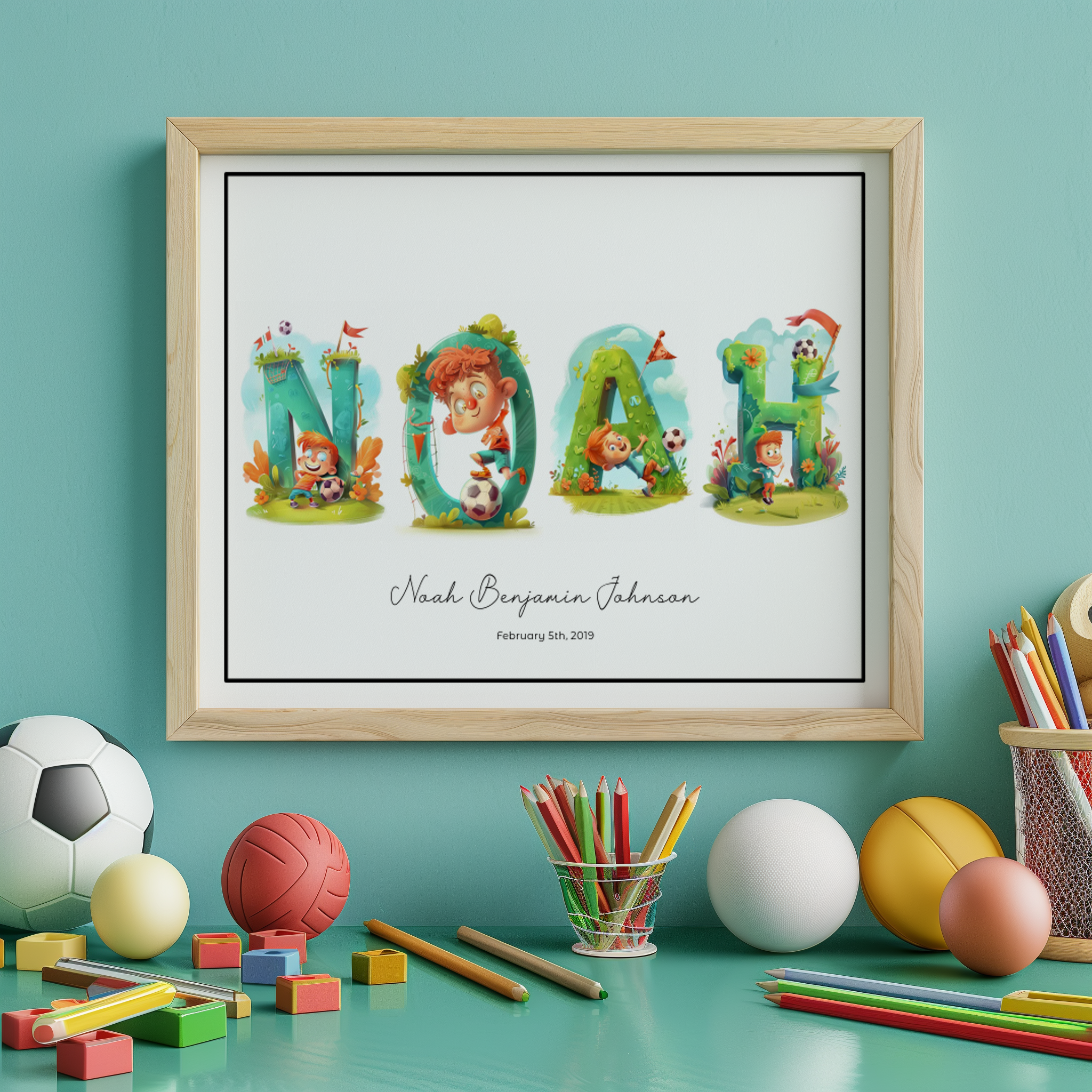 Personalized children wall art with the name Noah illustrated in a soccer theme