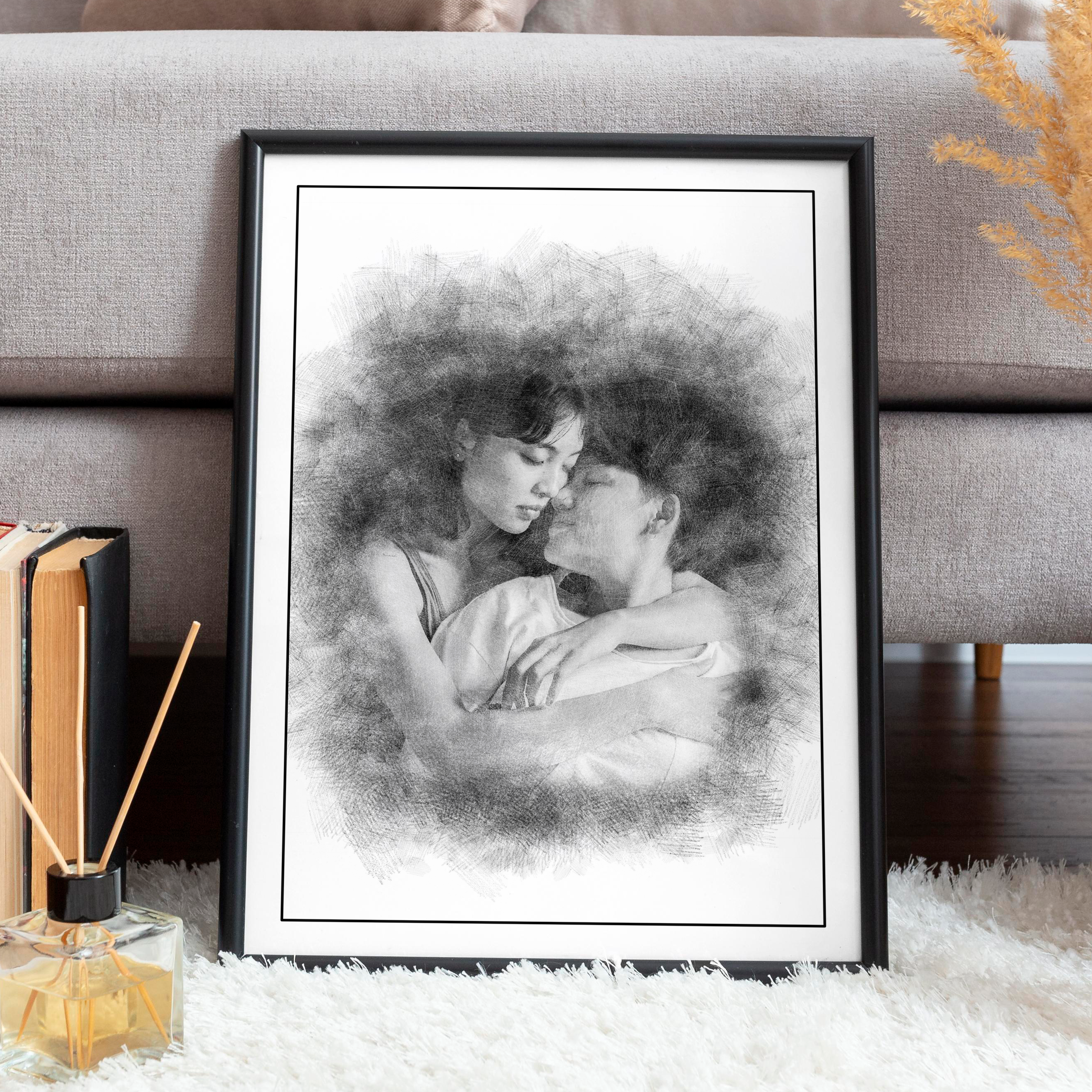 Wall art of a couple portrait in charcoal sketch style