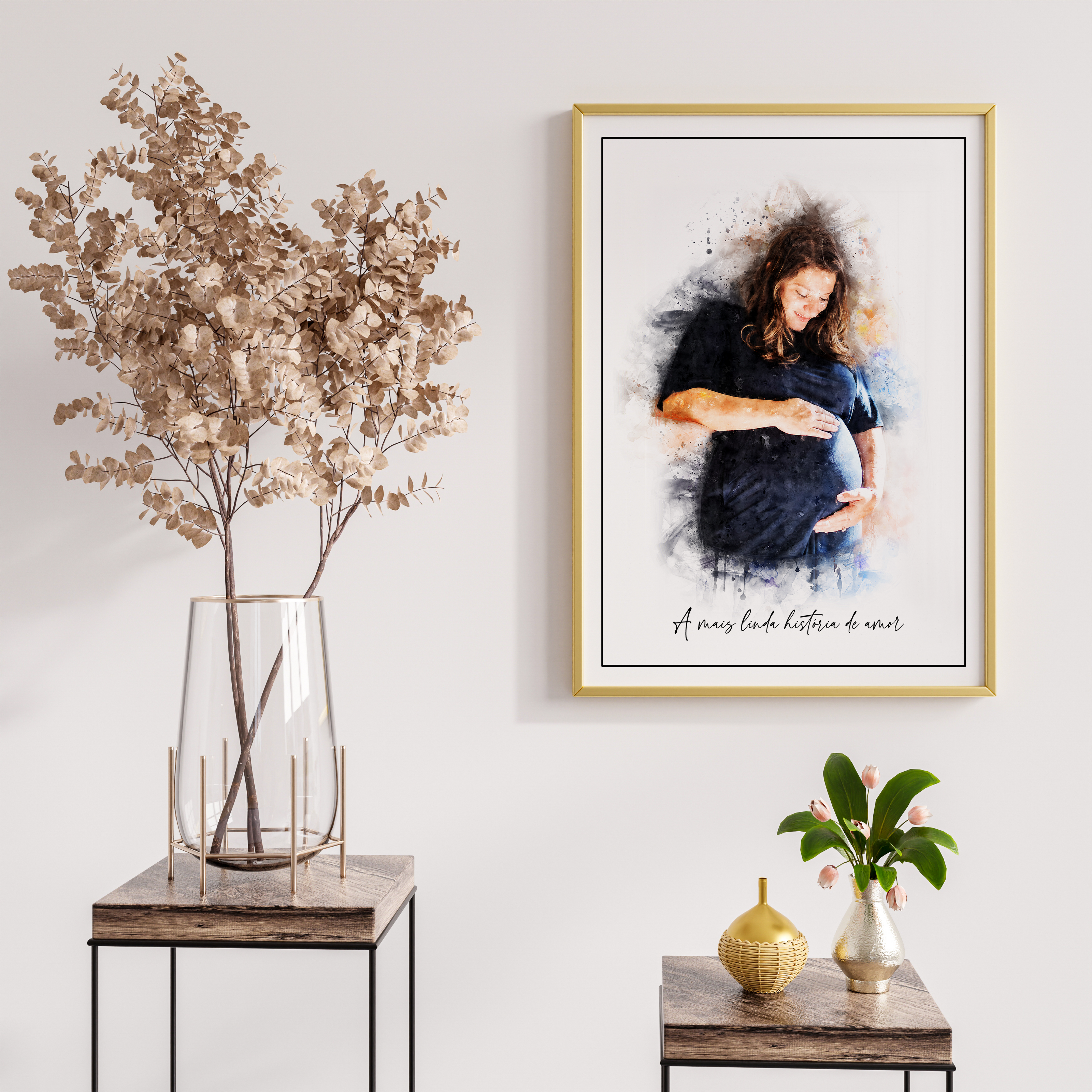 Wall art of a pregnant woman portrait in watercolour painting style